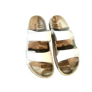 Ecco White Leather Double-Strap Velcro Slides